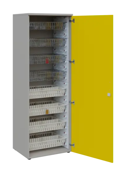 EUROMEDICA D - 66/M skříň léková boxová, 1-dveřová, pravá, 1950x660x535, korpus šedý, dvířka žlutá odio